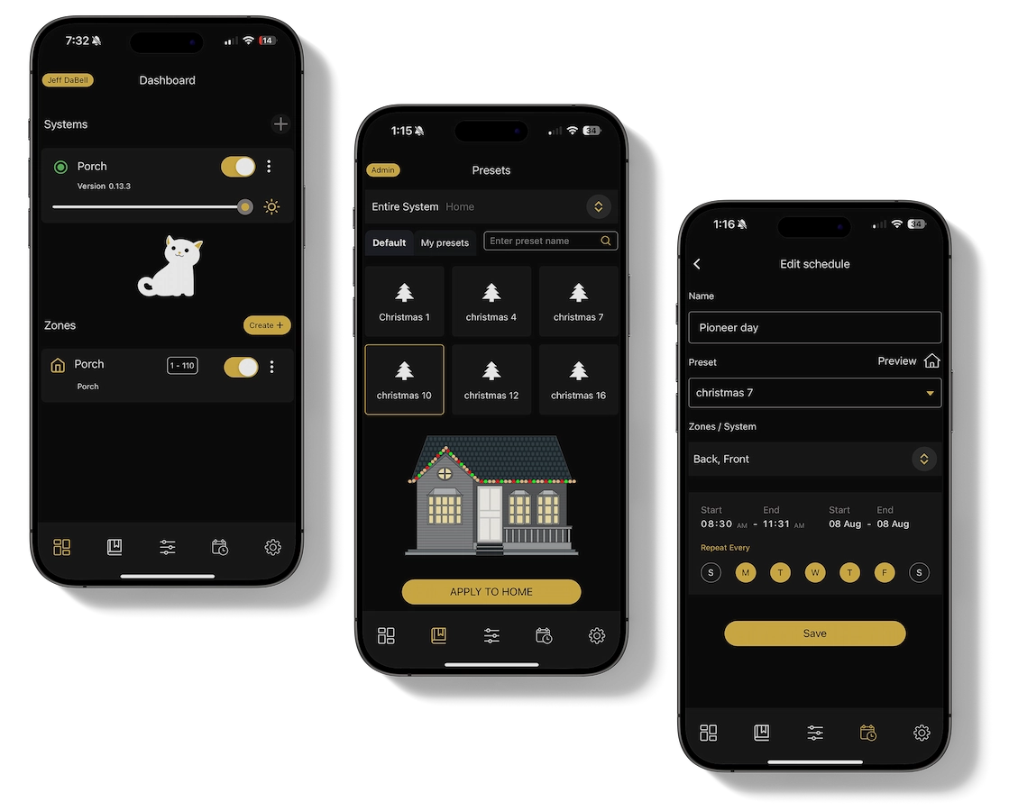 Bosso Smart Lights mobile app control interface for lighting presets and schedules