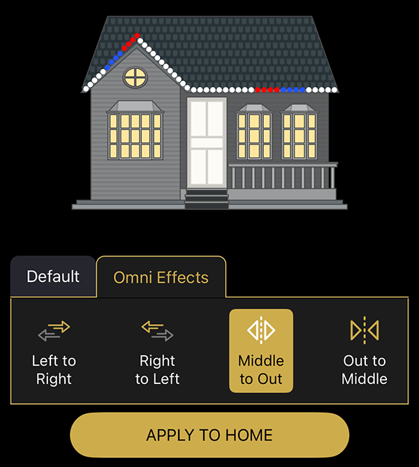 Bosso lighting control app displaying animated omni effect options for roofline lighting