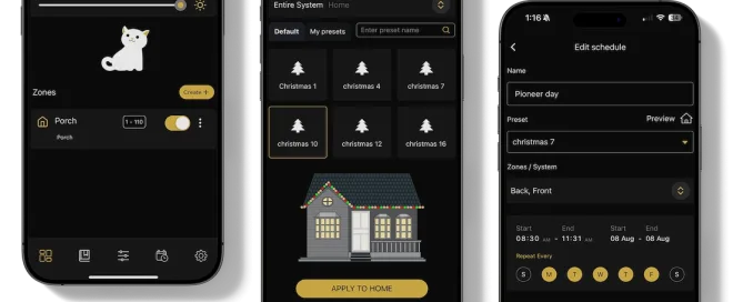 Bosso Smart Lighting mobile app interface showing lighting control, presets, and scheduling options