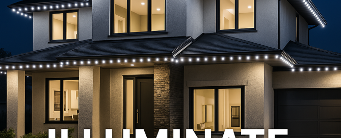 Two-story home with Bosso Lights and text 'Illuminate Your Nights'