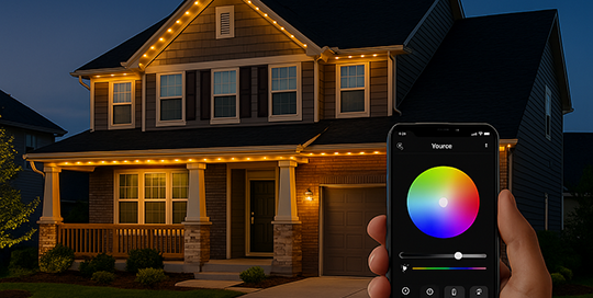 Bosso app with color control wheel in front of lit home for permanent lighting control